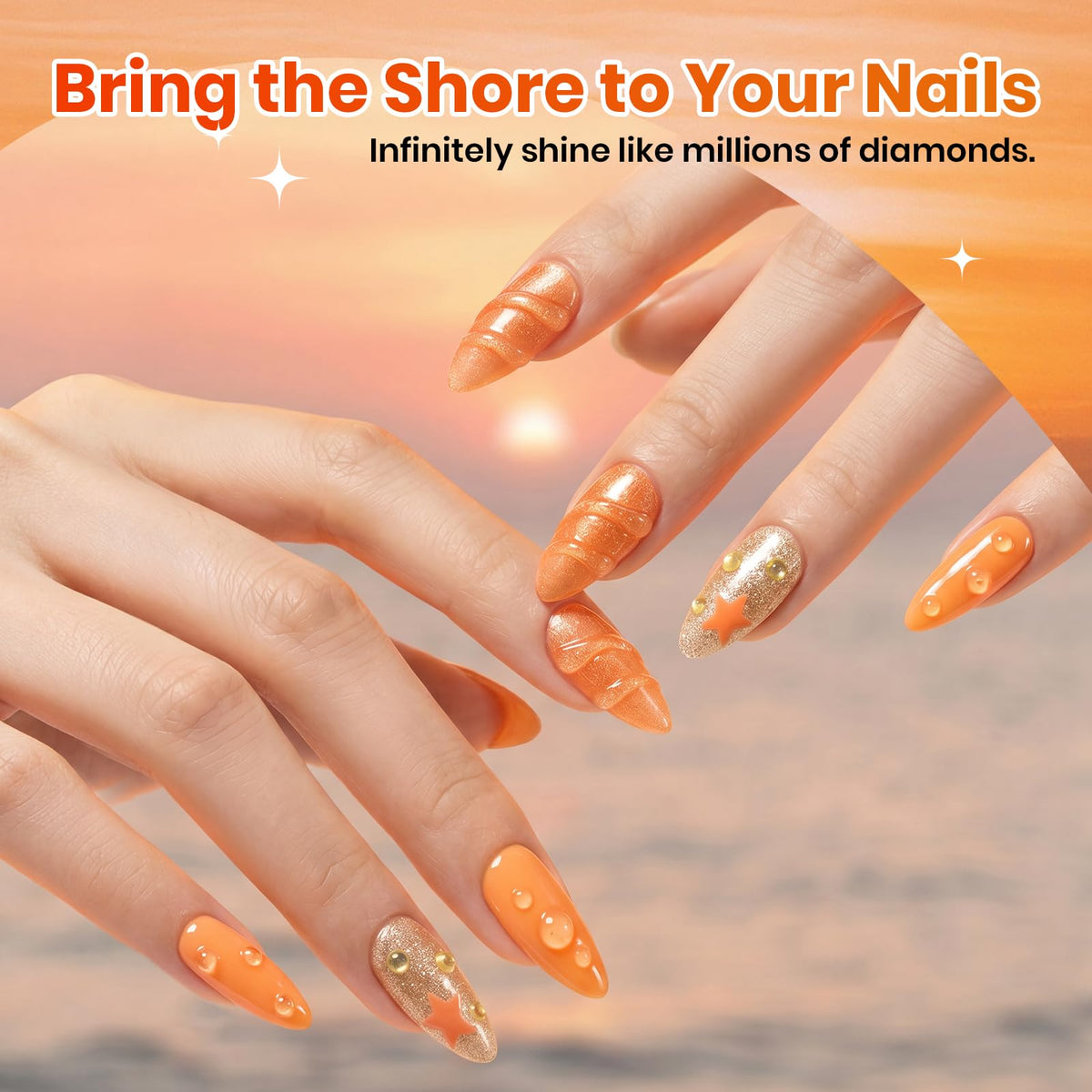 Beetles nail swatch fan showing six colors and easy layering benefit