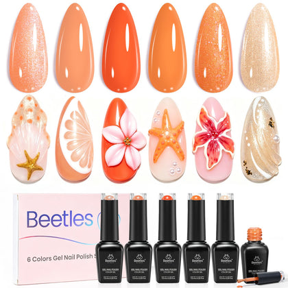 Beetles front packaging showing six orange gel bottles and benefits
