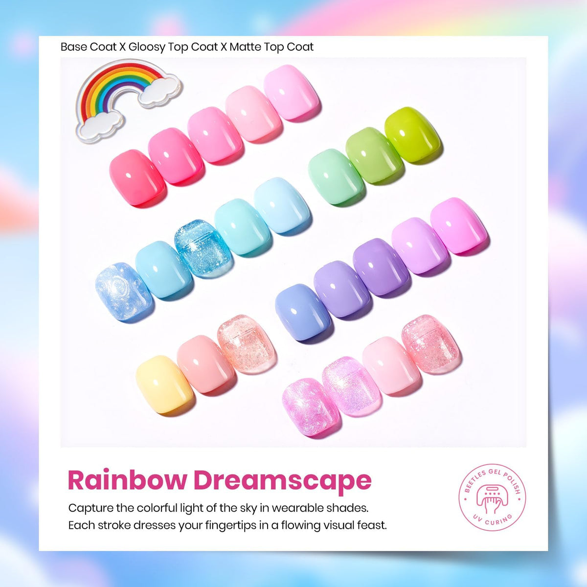 beetles Gel Polish color range display revealing 25 pastel and shimmer shades
