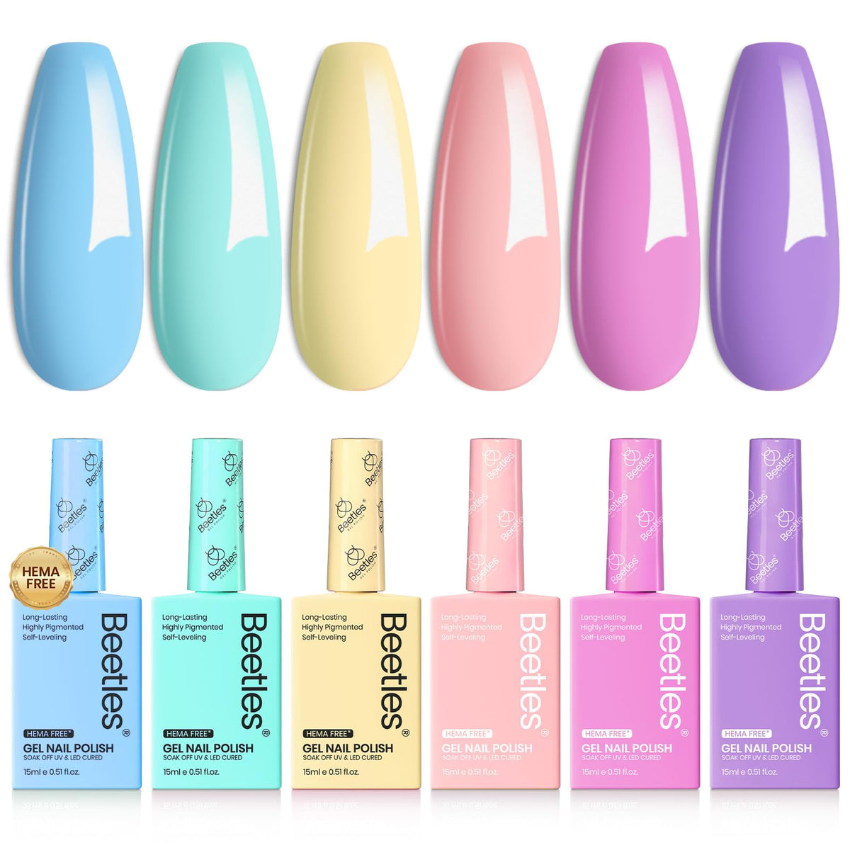 Beetles pastel gel polish front packaging shows all six colorful bottles and benefits