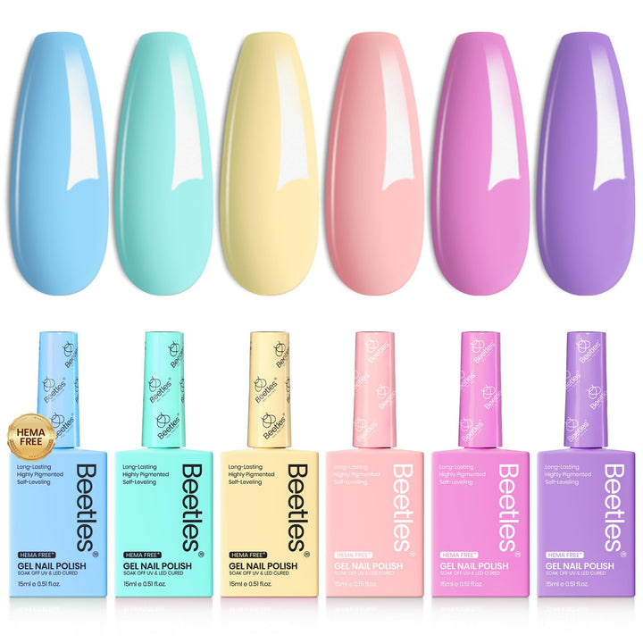 Beetles pastel gel polish front packaging shows all six colorful bottles and benefits