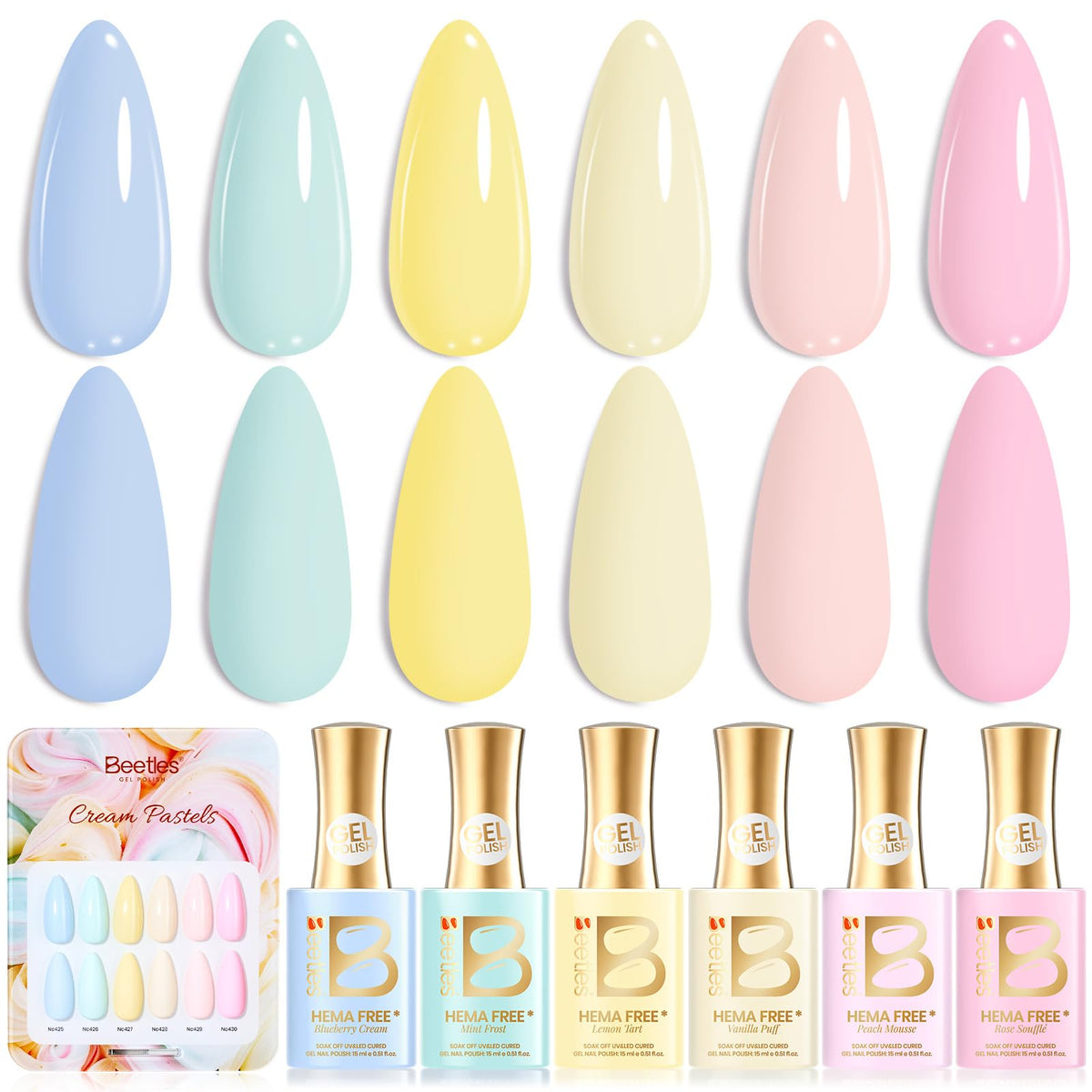 beetles front packaging showing six pastel bottles and swatch card benefit quick selection