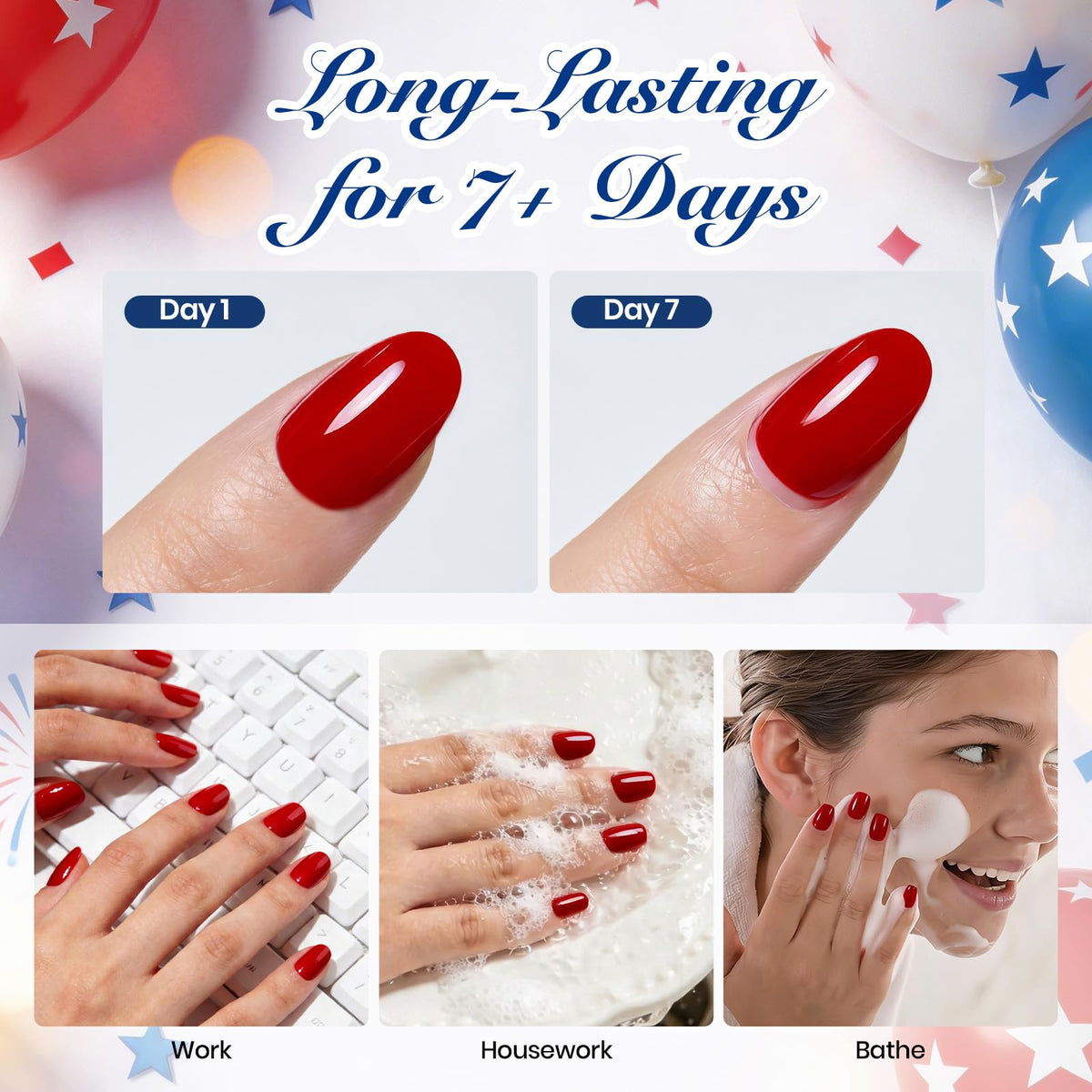 Beetles patriotic nail art outdoors on picnic table showing full manicure, event-ready style benefit