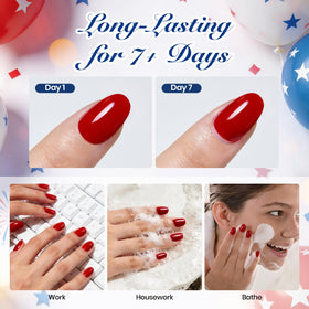 Beetles patriotic nail art outdoors on picnic table showing full manicure, event-ready style benefit