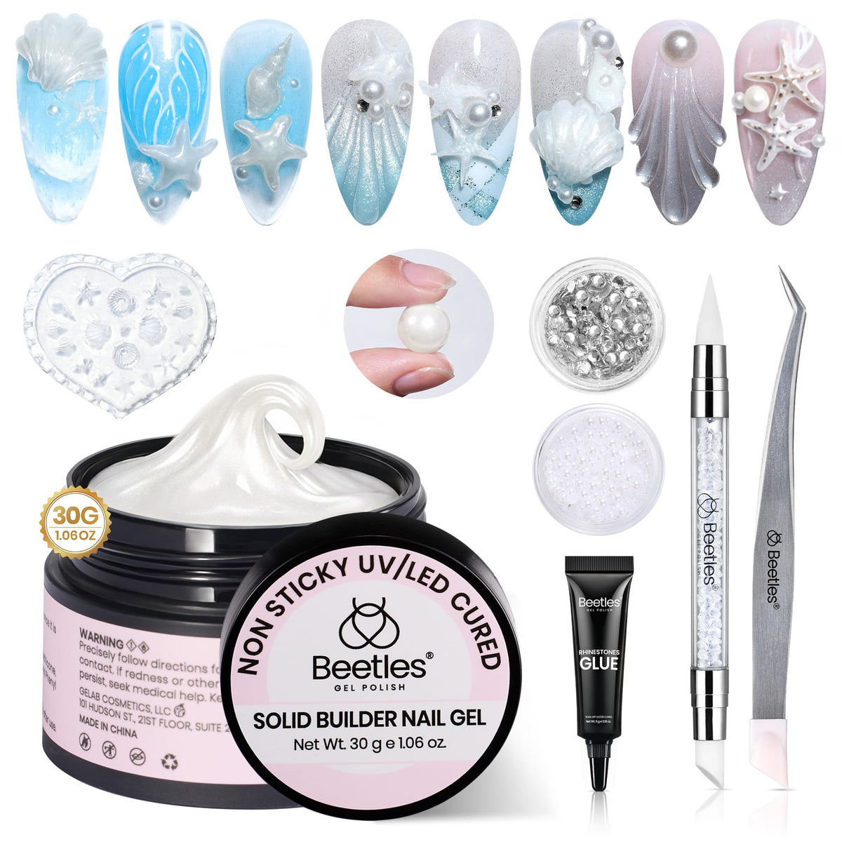 Beetles front packaging showing pearl white gel kit and included tools for easy starts