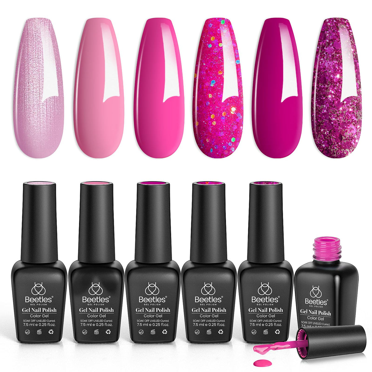 beetles Gel Polish front packaging showing six pink bottles and glossy benefit
