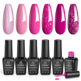 beetles Gel Polish front packaging showing six pink bottles and glossy benefit