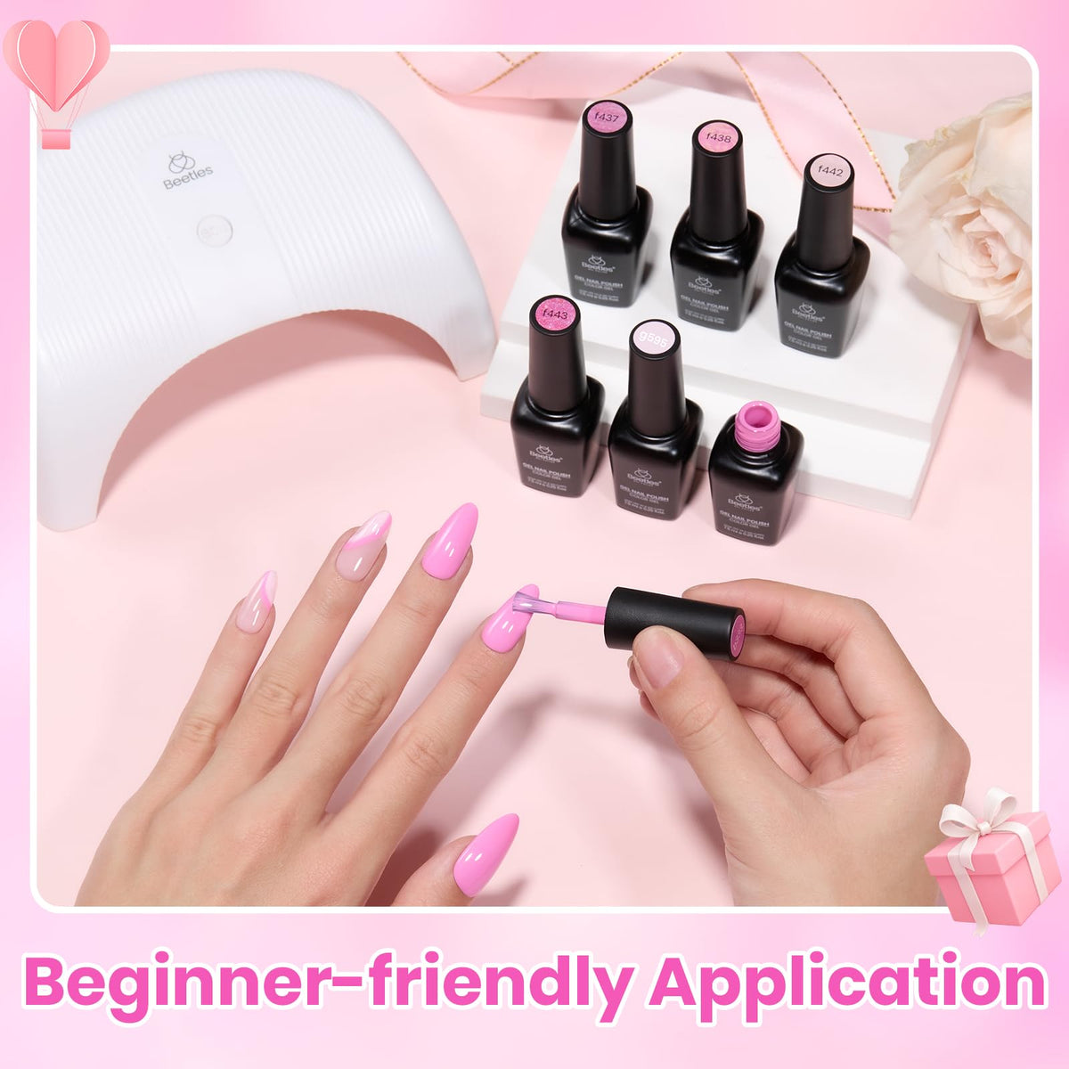 beetles gel polish finished French-tip manicure showing elegant pink results