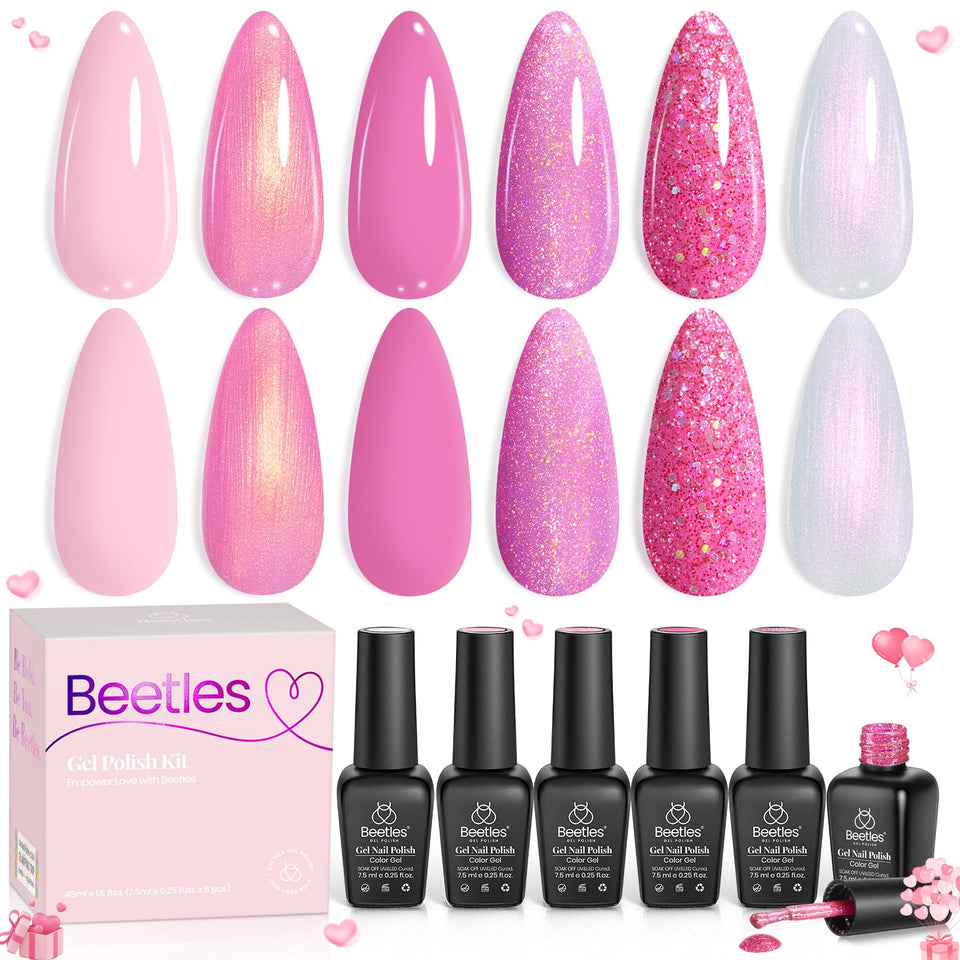 beetles gel polish front packaging showing six pink bottles and kit benefits