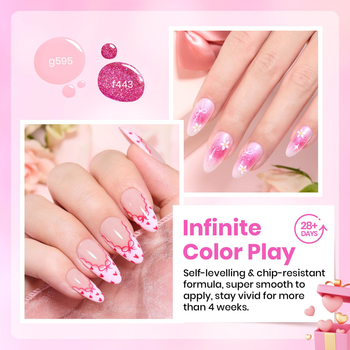 beetles gel polish swatch array of six pink shades for color comparison