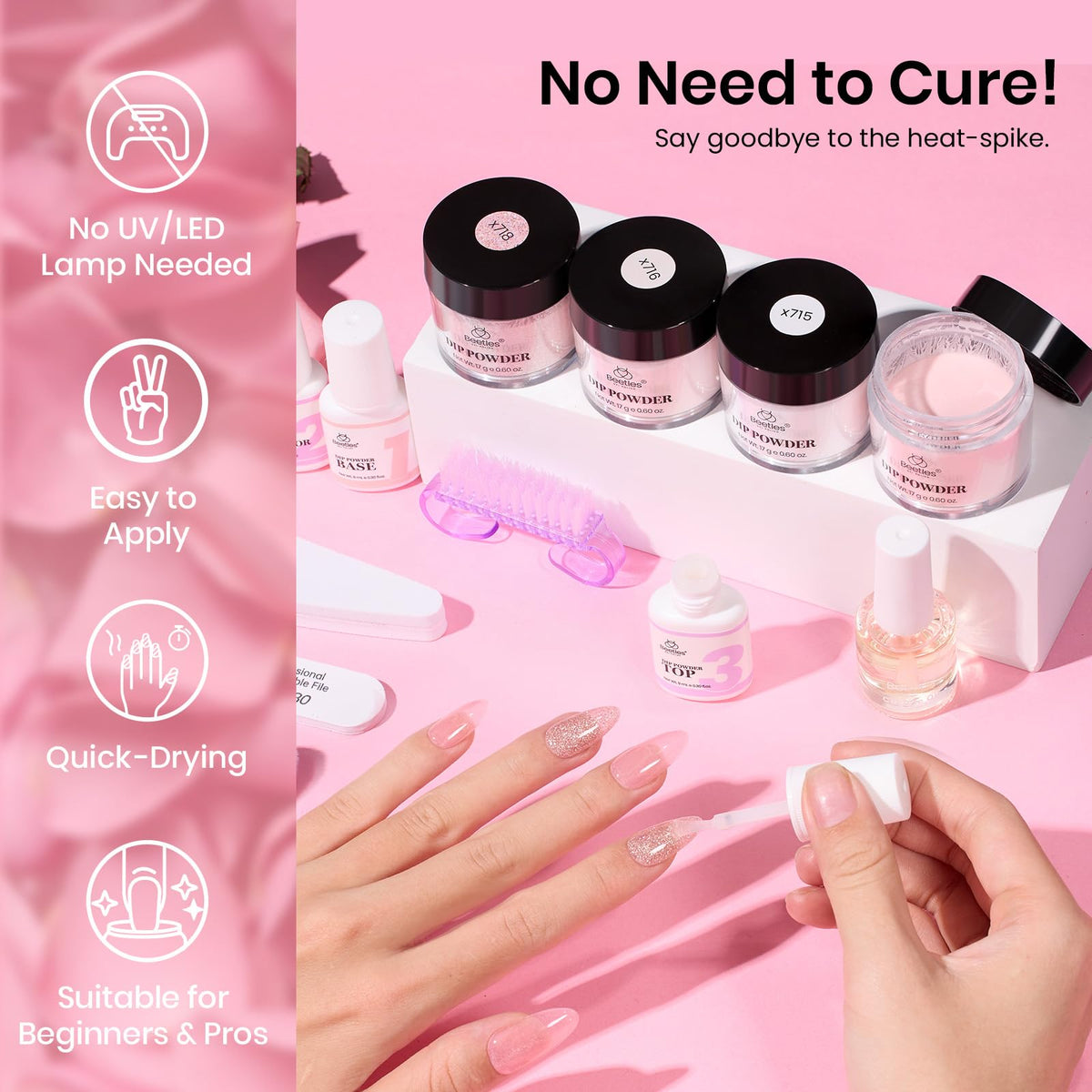 beetles gel polish base top activator bottles with powders illustrating the full system benefit long-lasting wear