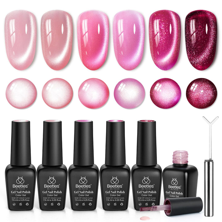 beetles front packaging showing six pink cat eye bottles and magnetic tool for salon results