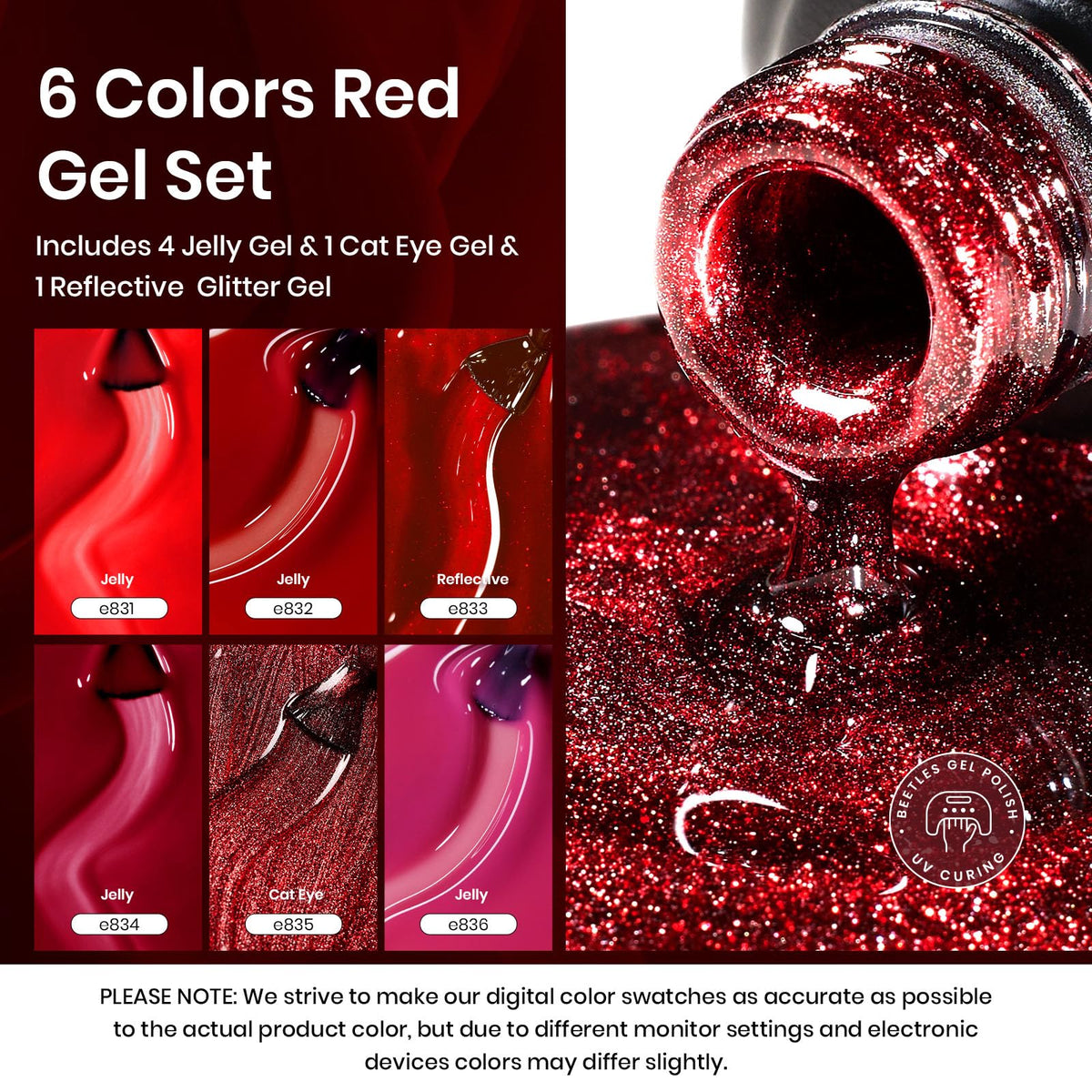 Beetles color swatch card displaying six red shades for easy selection and planning
