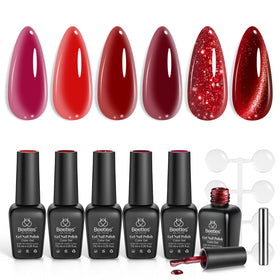 Beetles front packaging showing six red gel polishes and included magnet, professional look