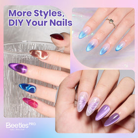 Beetles rhinestone glue and manicure tools laid out for creative nail decoration