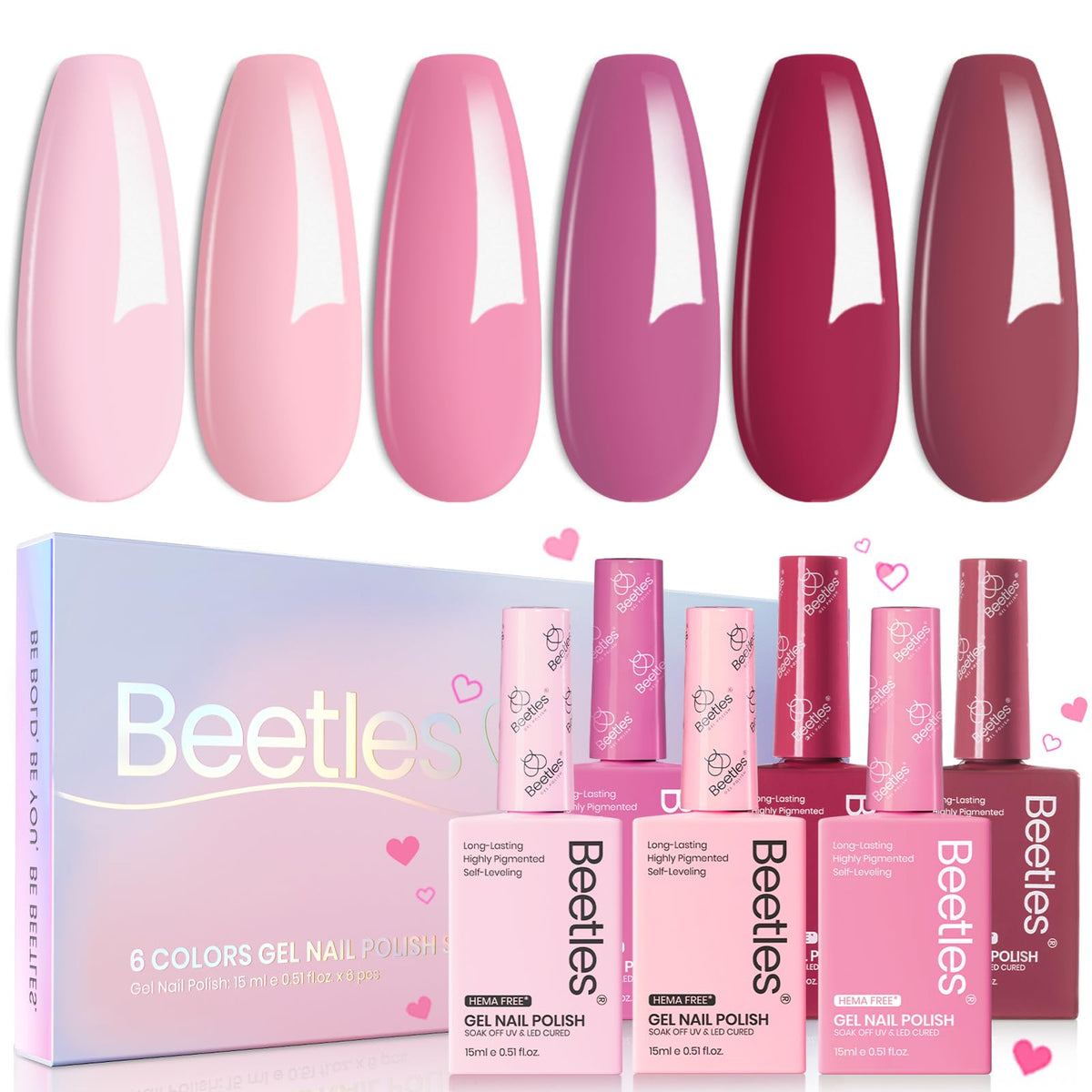 Beetles Gel Polish front packaging showing six romantic blush shades and gift box