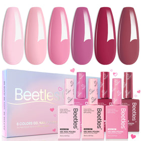 Beetles Gel Polish front packaging showing six romantic blush shades and gift box