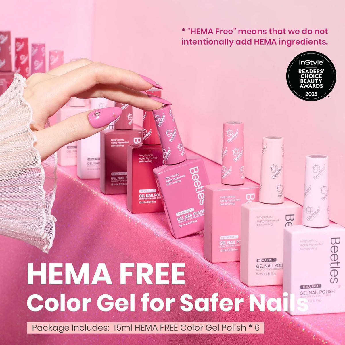 Beetles Gel Polish six-bottle lineup displaying color-coded bottles for easy selection