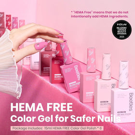 Beetles Gel Polish six-bottle lineup displaying color-coded bottles for easy selection