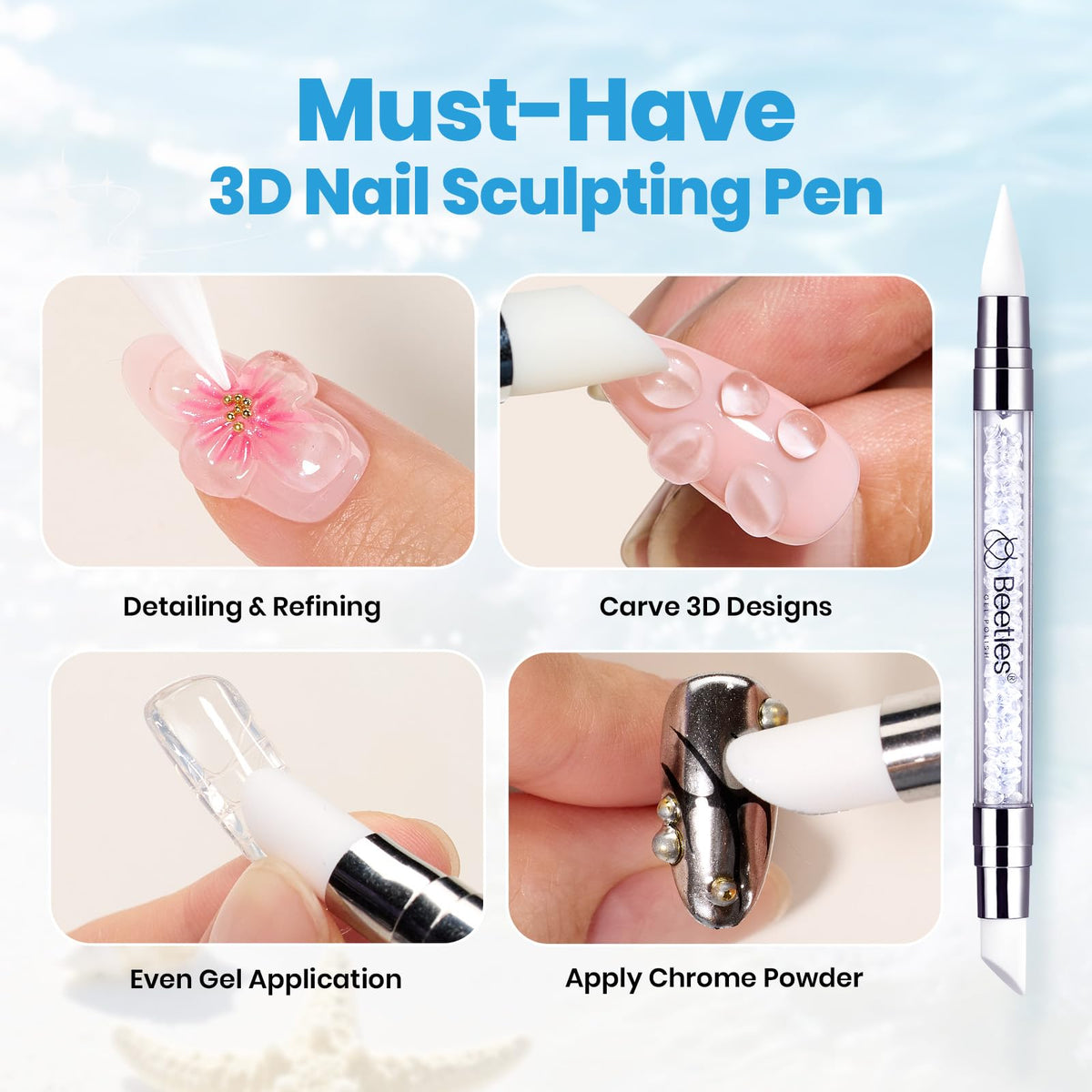 beetles sculpted shell applied to nail demonstrating dimensional summer design