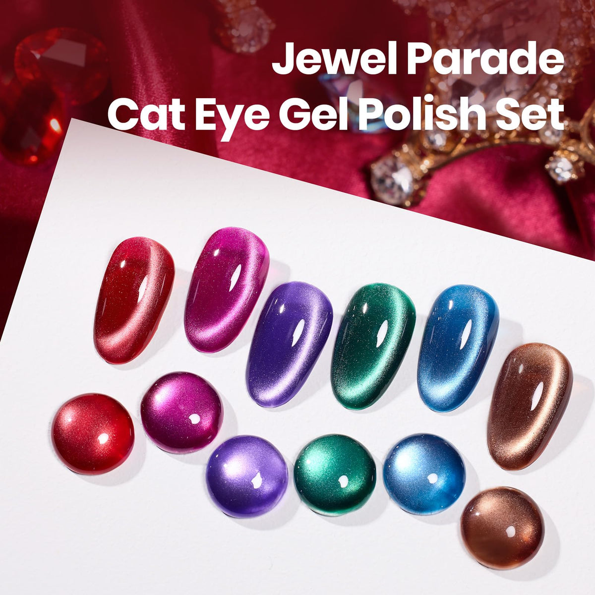 Beetles Gel Polish color swatches showing six jewel tones for manicure inspiration