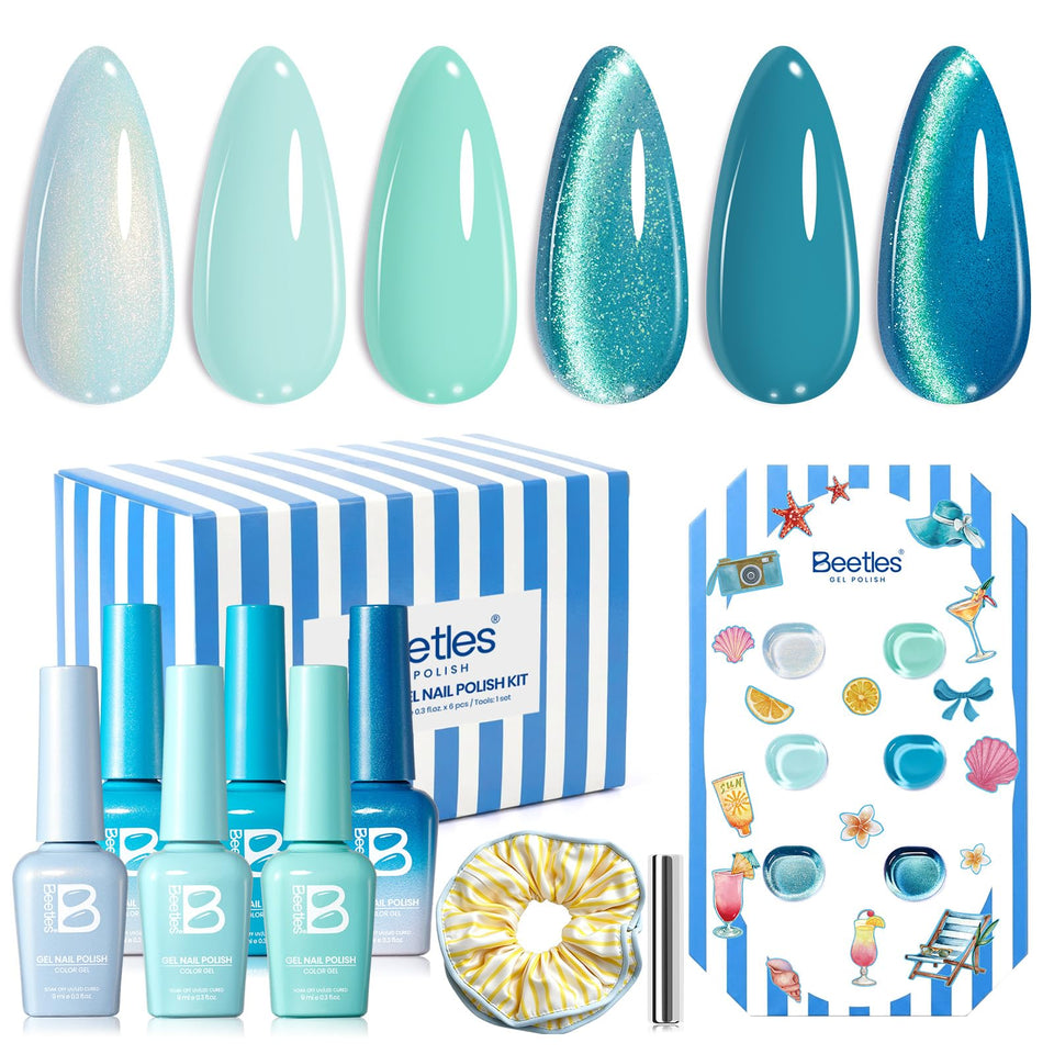 beetles Gel Polish front packaging showing six blue shades and gift box benefit