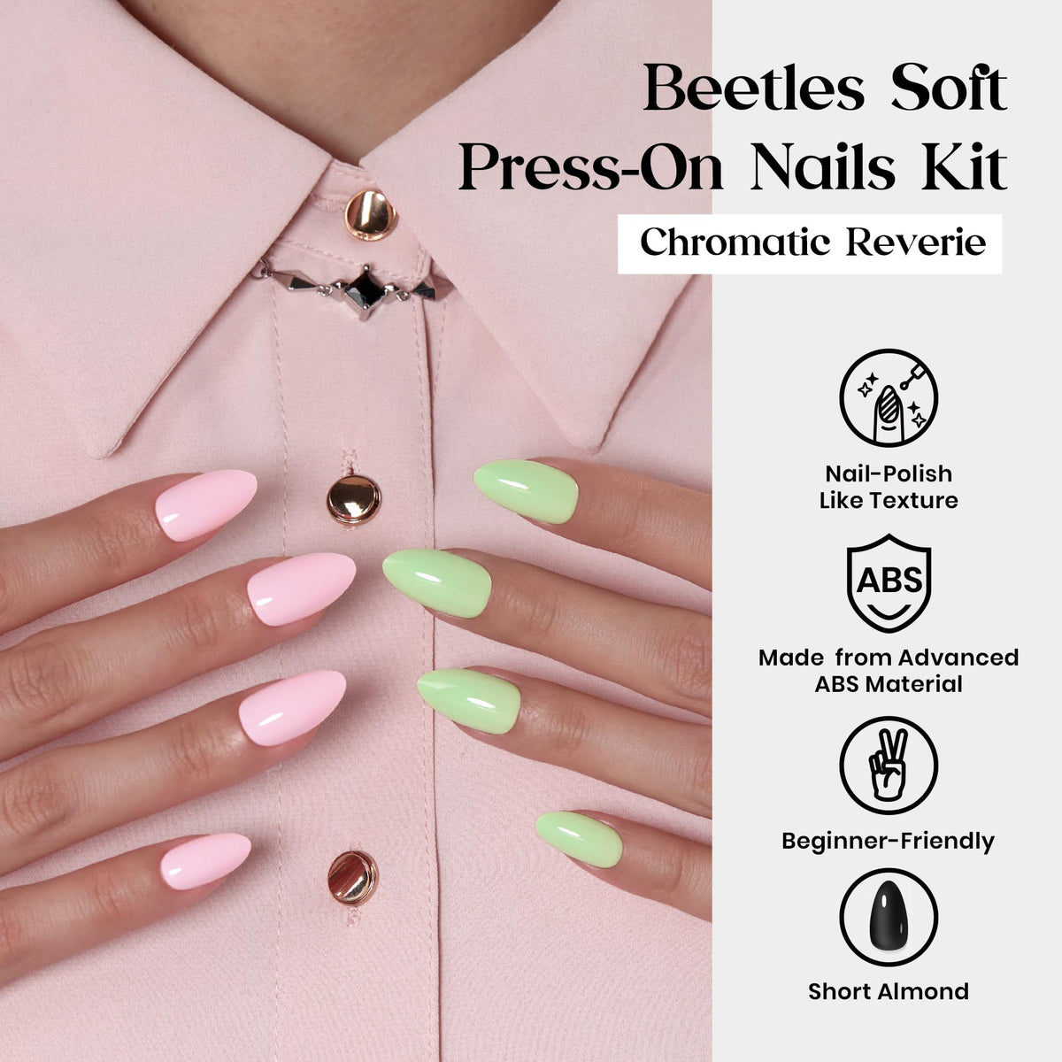 Beetles display of 24 short almond color options offering variety for any look