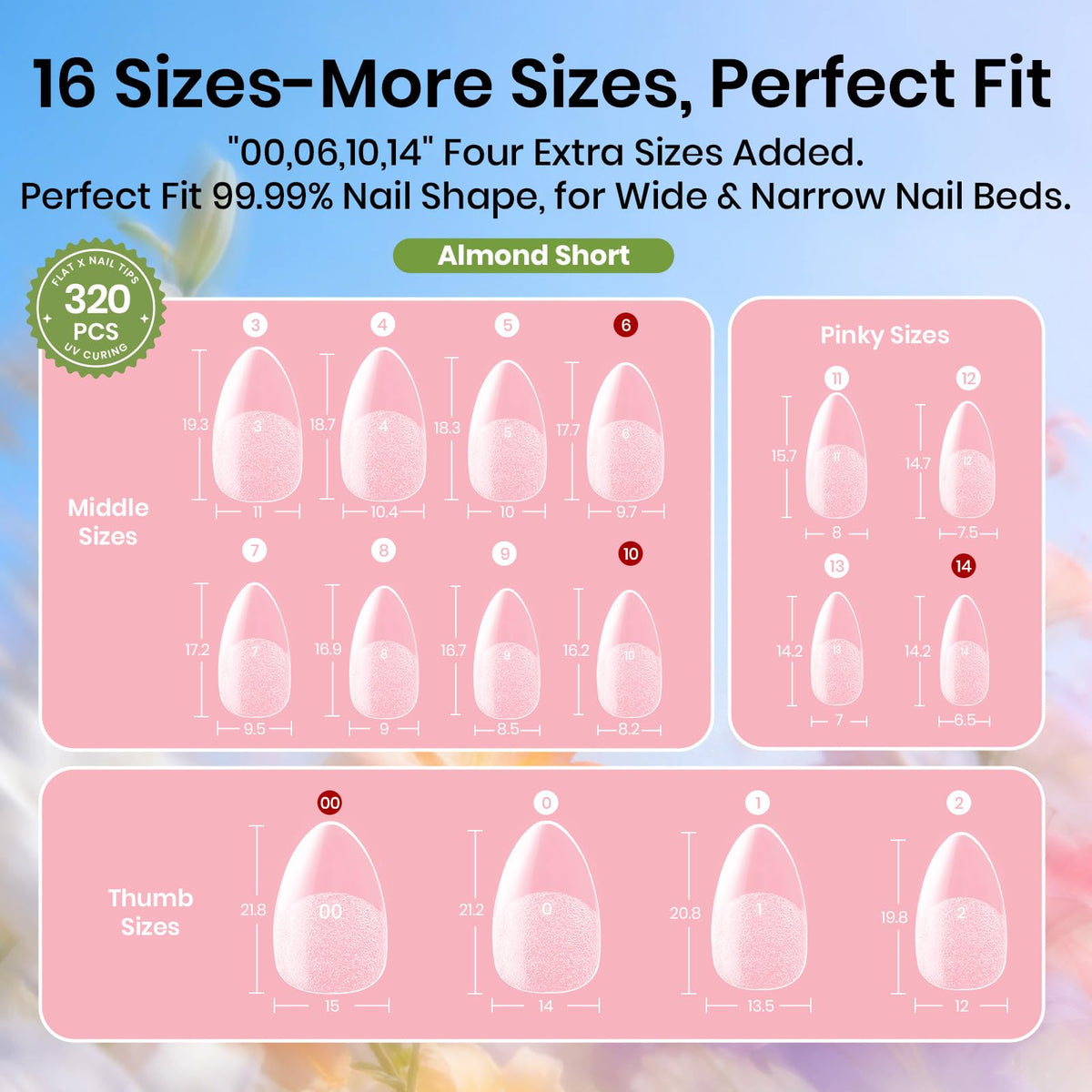 beetles short almond nail tips on board for sizing and practice