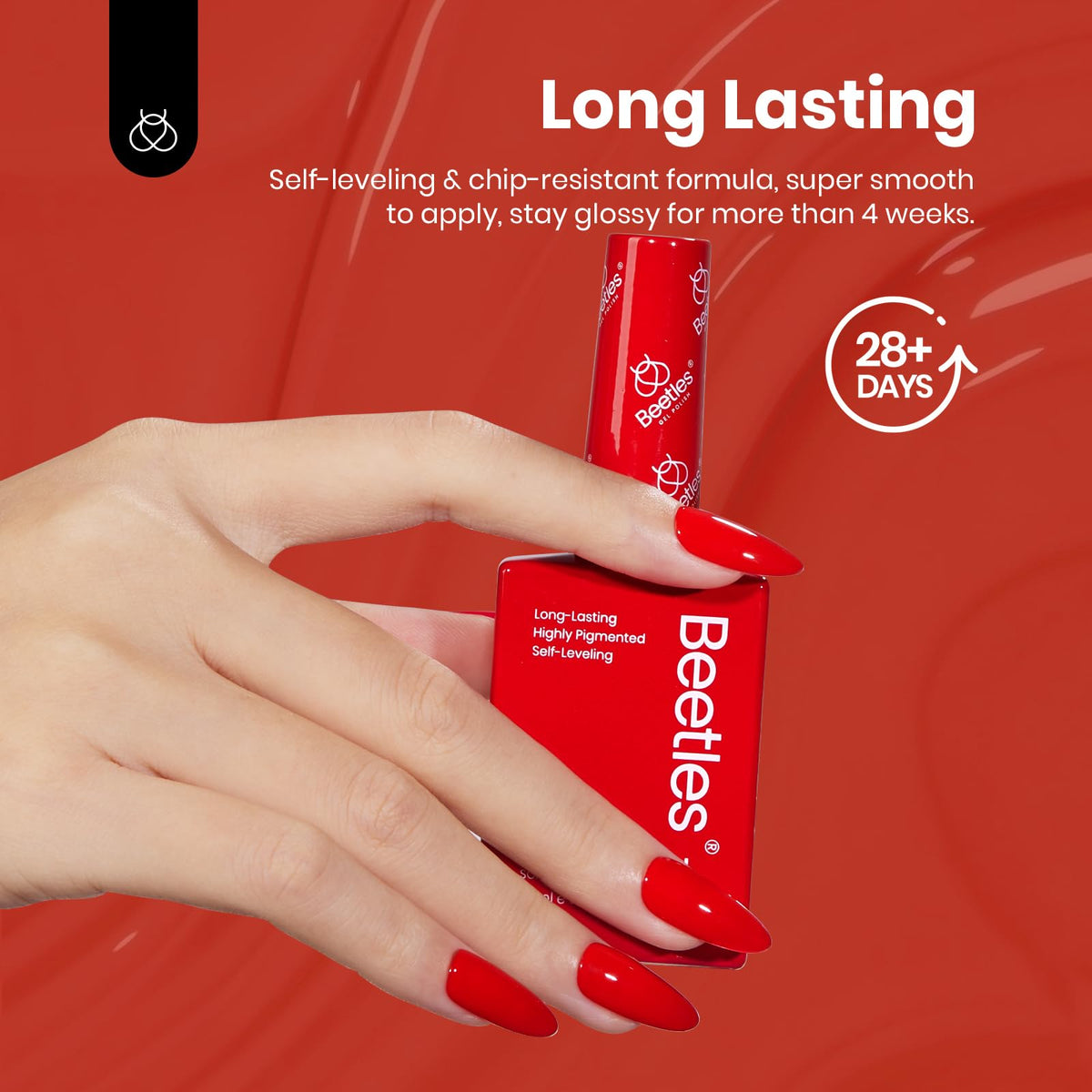 Beetles bottle beside a hand illustrating 15ml size and full-size value