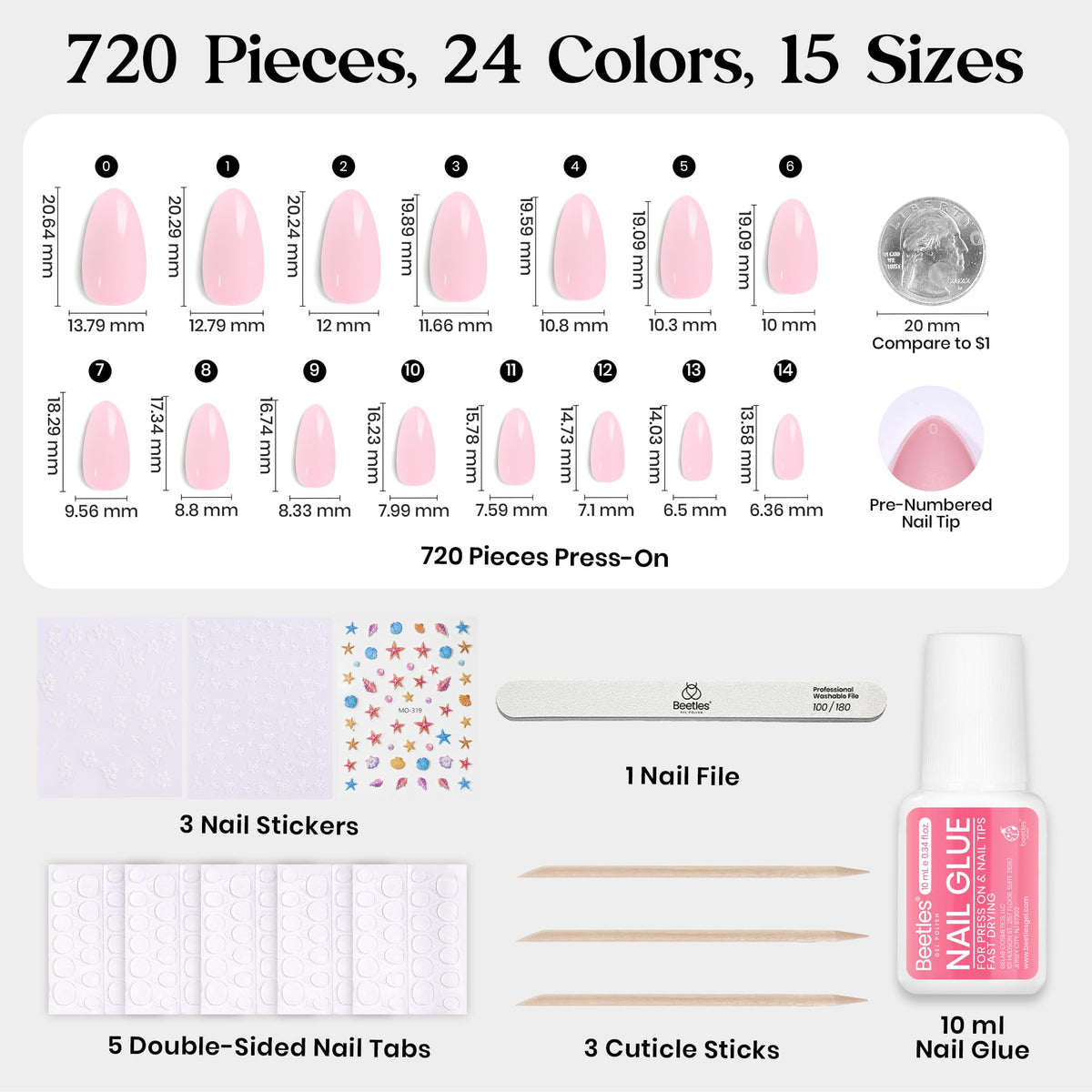 Beetles layout of 15 nail sizes illustrating precise fit for each finger