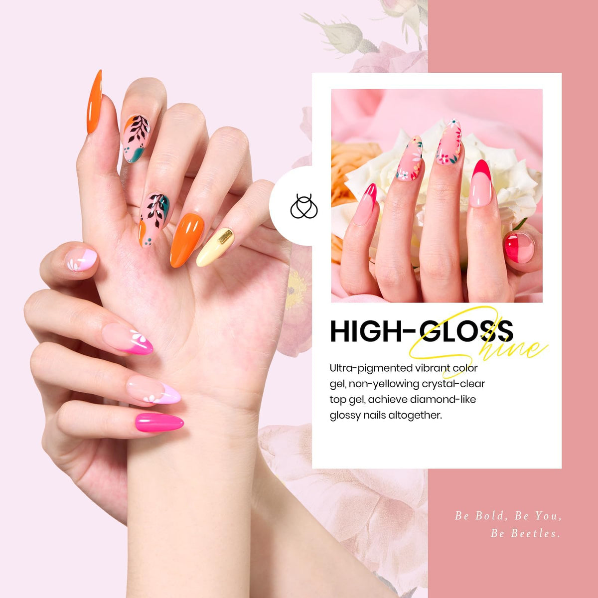 beetles stickers and bottles detail with flower decals benefit: simple floral nail art