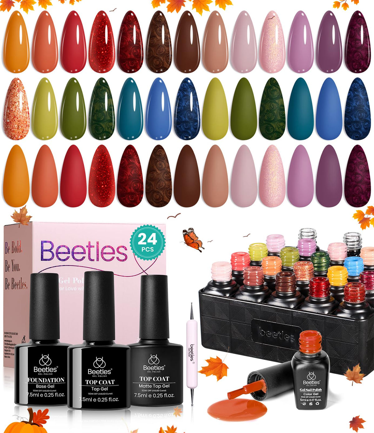 beetles styled manicure on hands in autumn outfit showing seasonal wearability
