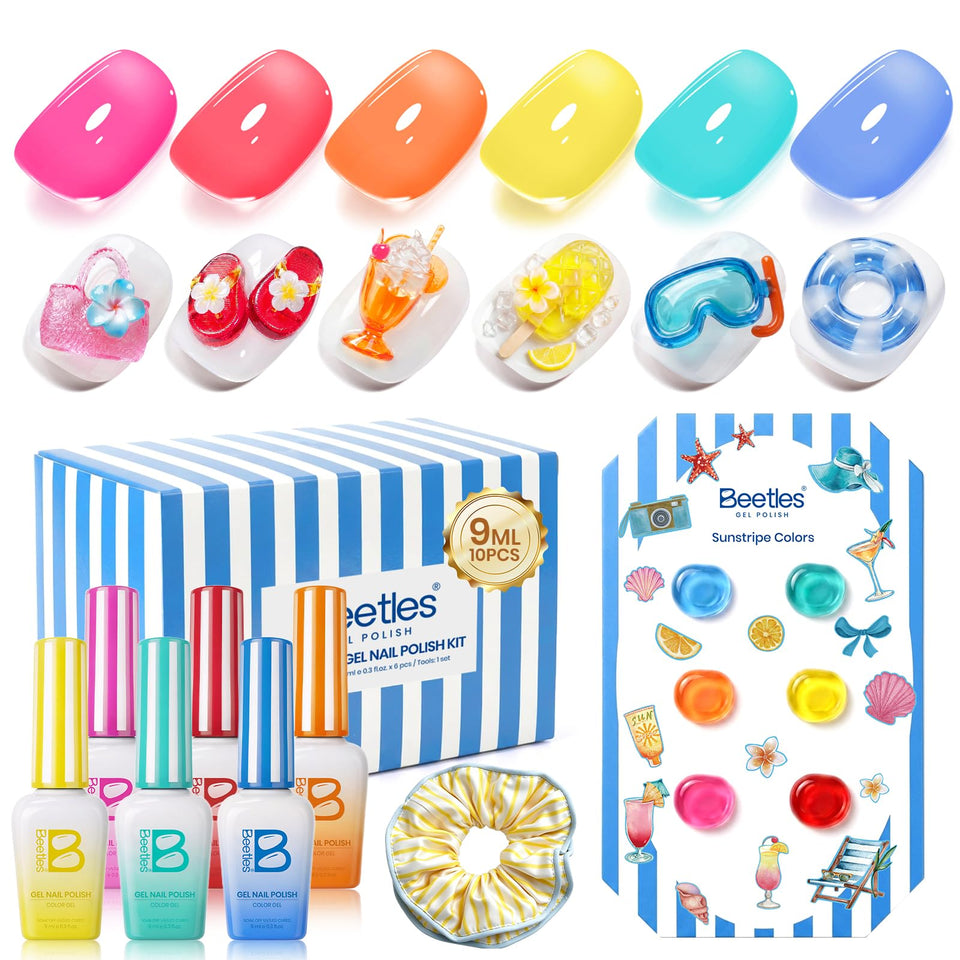 beetles front packaging showing six neon jelly shades and accessories for easy gifting
