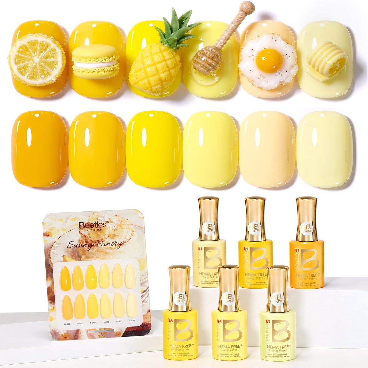 beetles front packaging showing six yellow gel bottles and color card for easy choice