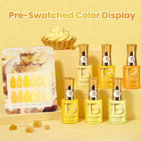 beetles color card spread displaying six yellow shades to plan nail designs