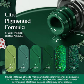 Beetles swatch fan displaying all six green jelly and glitter tones for quick reference and styling