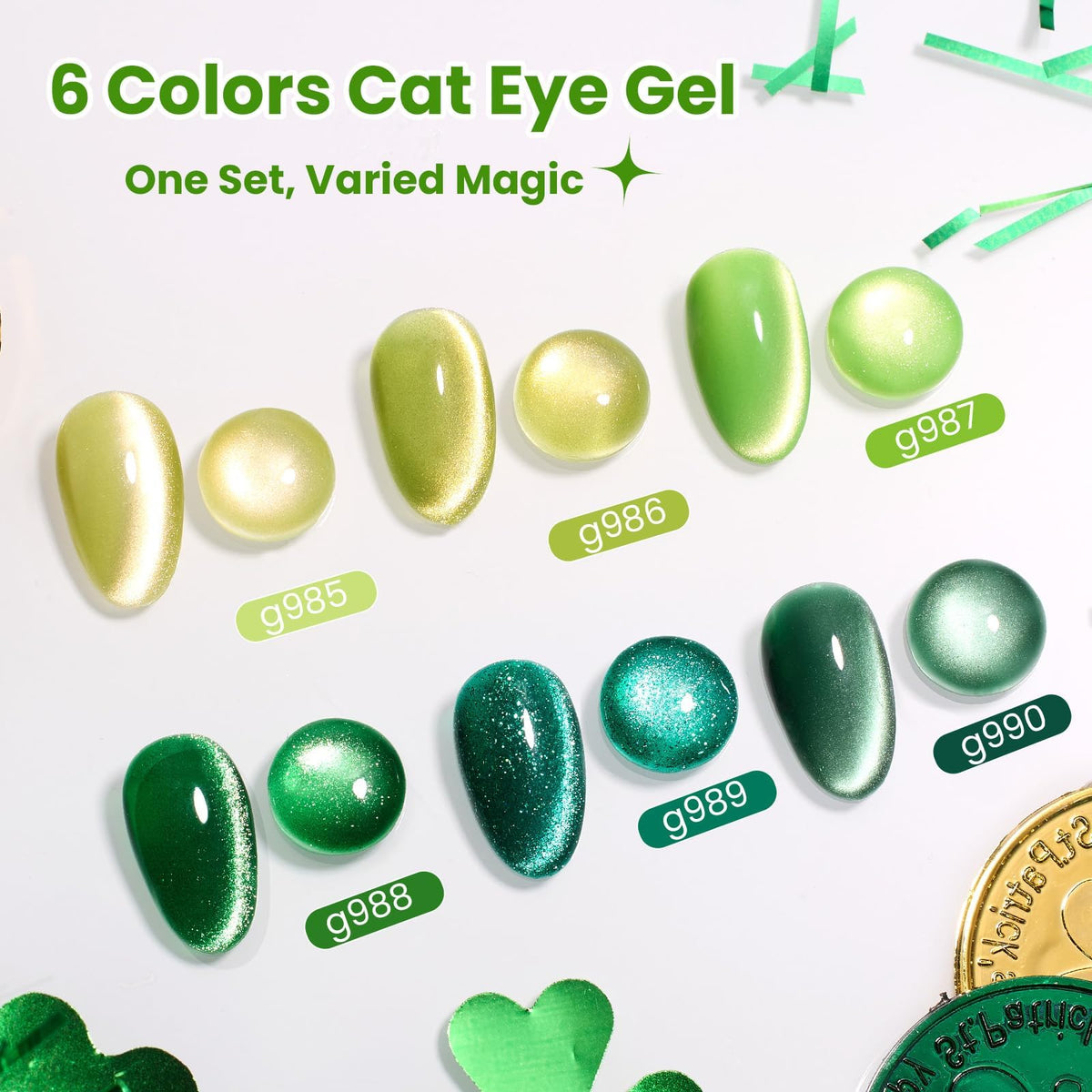 Beetles Gel Polish swatch range of six green shades, clear color selection benefit