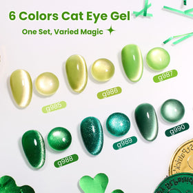 Beetles Gel Polish swatch range of six green shades, clear color selection benefit