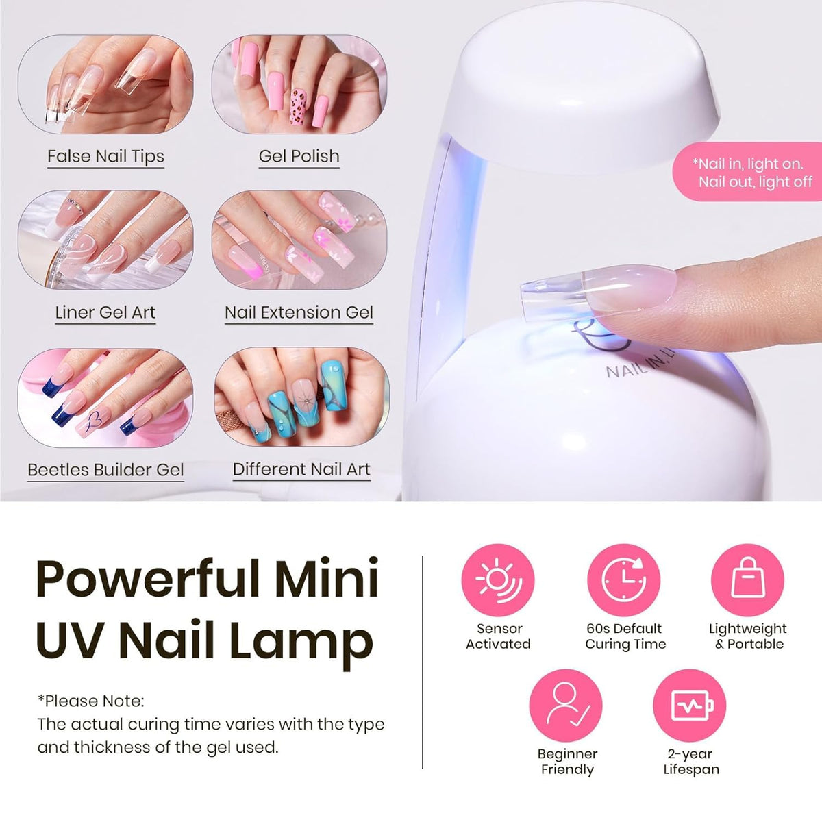 beetles Gel Polish mini UV lamp curing a nail to speed up finish