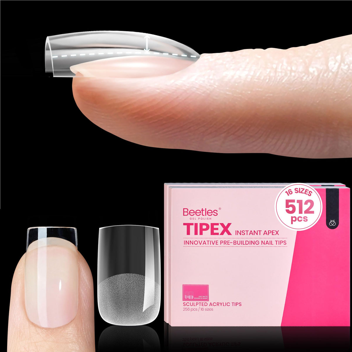 beetles gel polish front packaging showing 512-piece kit and sizes, clear overview benefit quick selection