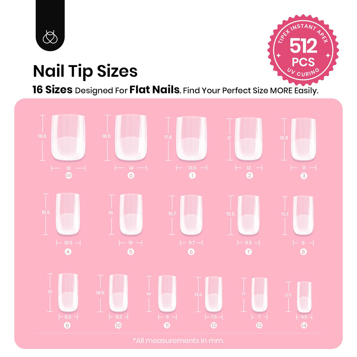 beetles gel polish tray laid out with 16 sizes, displays large quantity and sizing options benefit