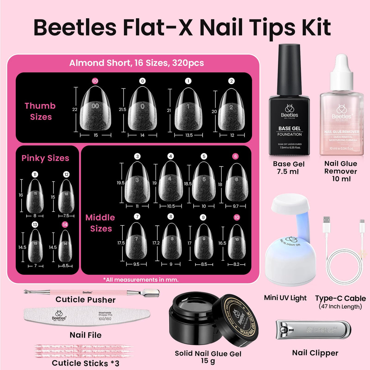 beetles pre-numbered tips arranged to show 16 sizes for precise fitting