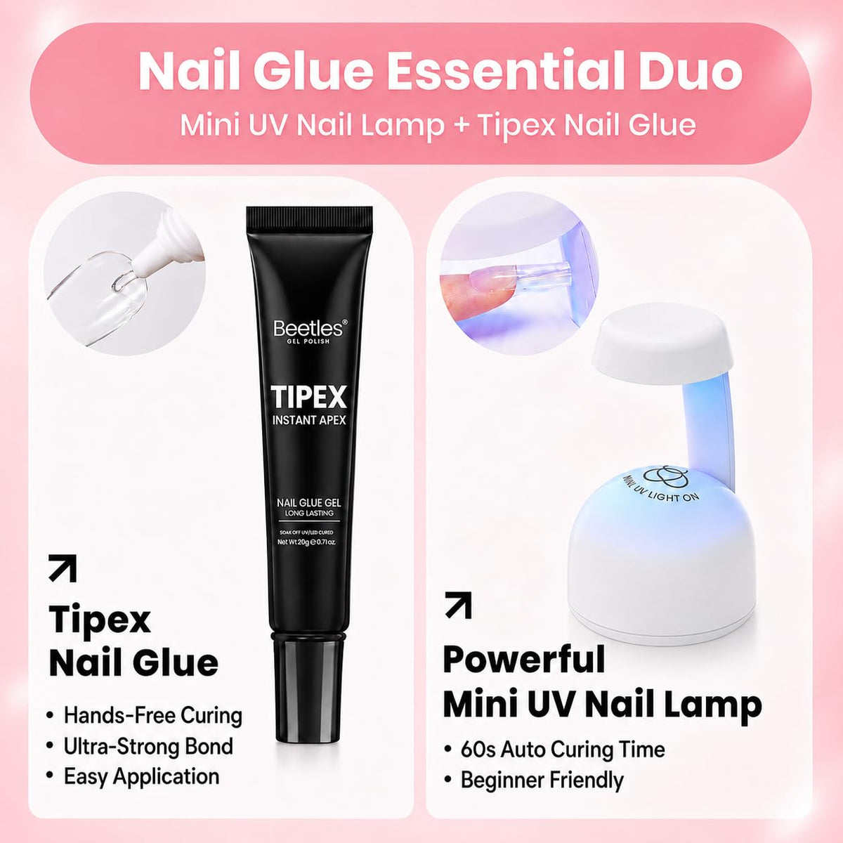 beetles nail clipper, cuticle nipper and glue arranged for precise application