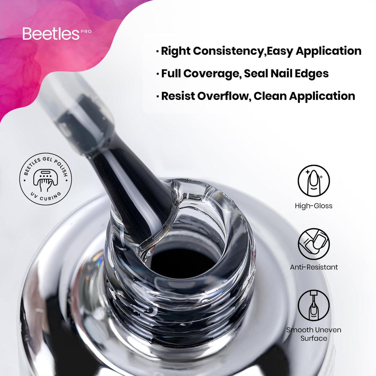 Beetles Pro Gel Top Coat label detail showing ingredients and anti-yellowing benefit