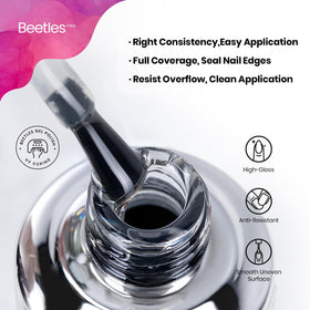 Beetles Pro Gel Top Coat label detail showing ingredients and anti-yellowing benefit
