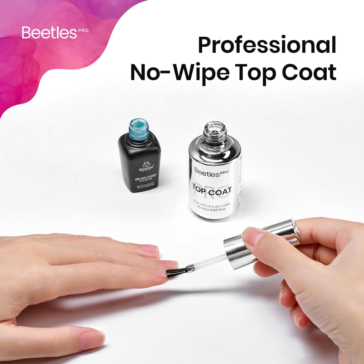 Beetles Pro Gel Top Coat beside a coin for 20ml size comparison and salon efficiency benefit