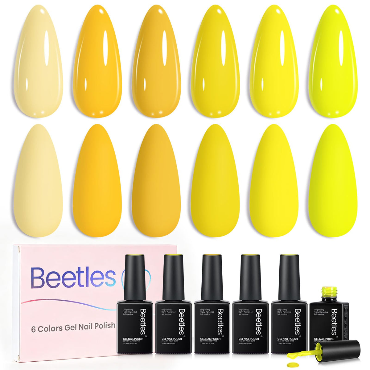 Beetles front packaging showing six yellow gel bottles and labels, clear organization benefit