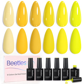 Beetles front packaging showing six yellow gel bottles and labels, clear organization benefit