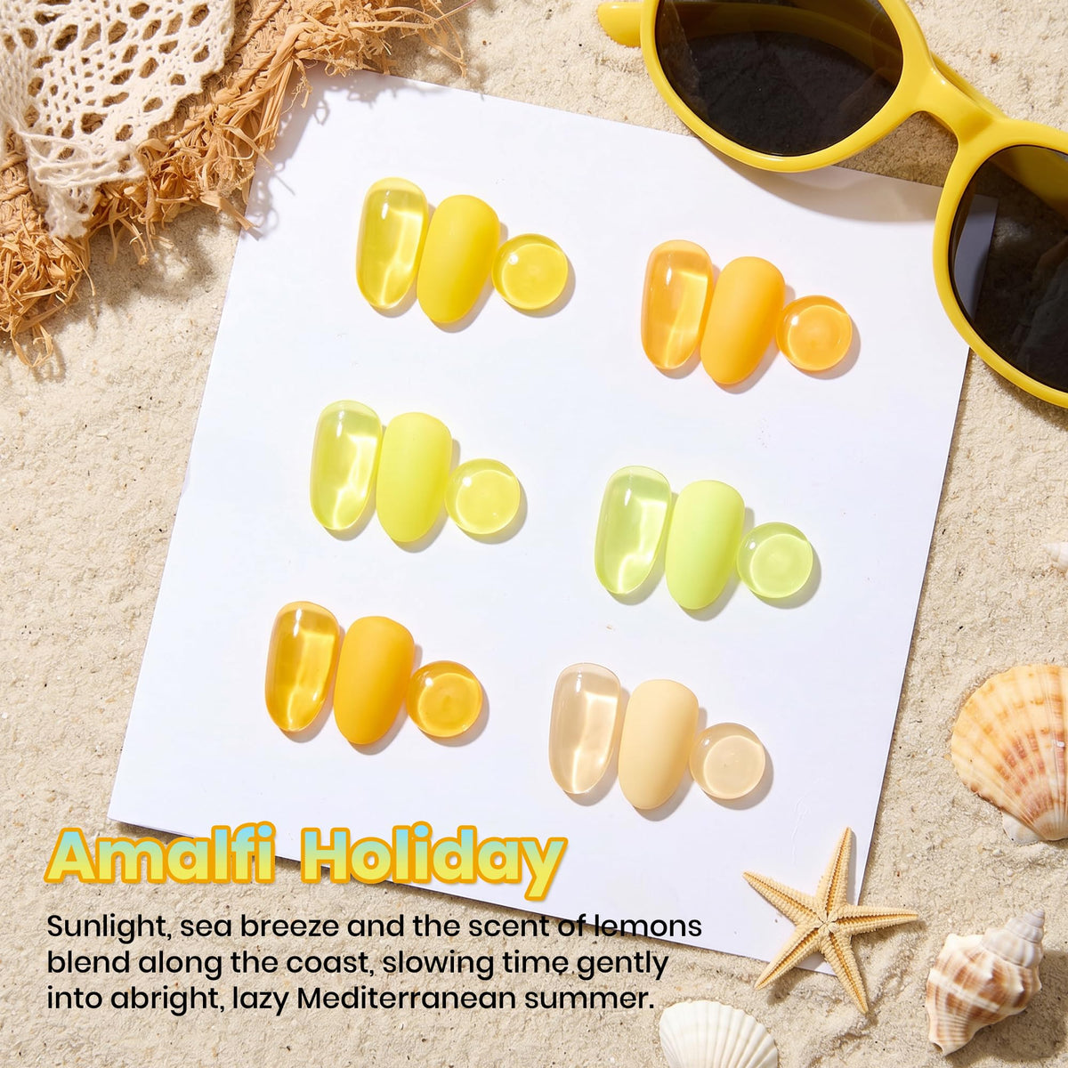 Beetles color swatches on nail tips displaying six yellow shades for design planning
