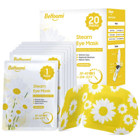 BeHoomi front packaging showing chamomile steam eye mask and benefits